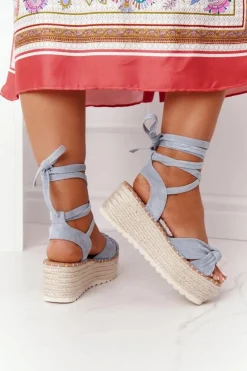 Wiązane Sandały Na Platformie Z Plecionką Niebieskie La Palma