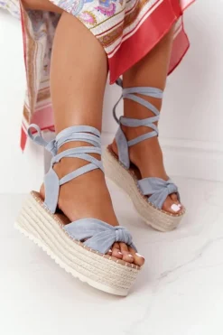 Wiązane Sandały Na Platformie Z Plecionką Niebieskie La Palma