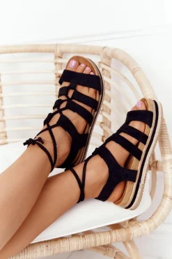 Wiązane Sandały Na Platformie Czarne Santorini