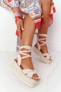 Wiązane Sandały Na Platformie Z Plecionką Beżowe La Palma