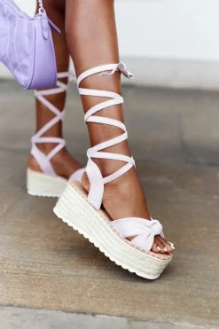 Wiązane Sandały Na Platformie Z Plecionką Fioletowe La Palma
