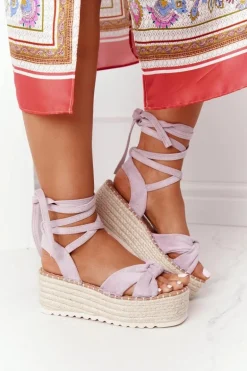 Wiązane Sandały Na Platformie Z Plecionką Fioletowe La Palma