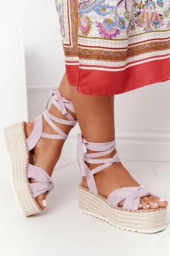 Wiązane Sandały Na Platformie Z Plecionką Fioletowe La Palma