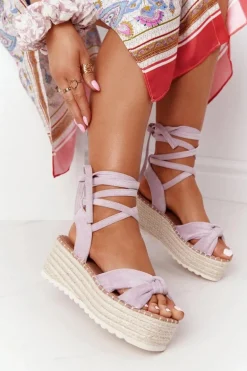 Wiązane Sandały Na Platformie Z Plecionką Fioletowe La Palma