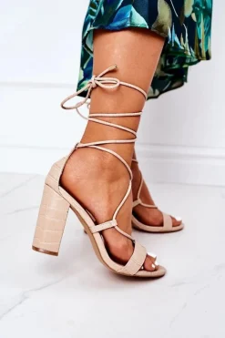 Wiązane Sandały Na Słupku Beżowe Catwalk