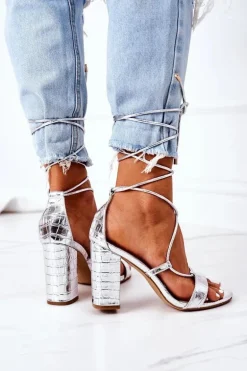 Wiązane Sandały Na Słupku Srebrne Catwalk