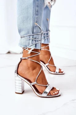 Wiązane Sandały Na Słupku Srebrne Catwalk