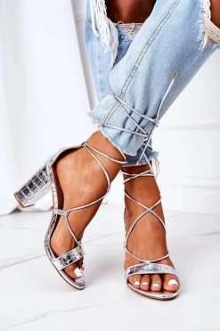 Wiązane Sandały Na Słupku Srebrne Catwalk