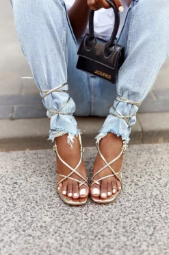 Wiązane Sandały Na Szpilce Z Kwadratowym Noskiem Złote Runway