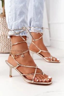 Wiązane Sandały Na Szpilce Z Kwadratowym Noskiem Złote Runway