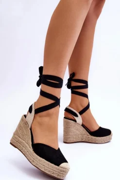 Wiązane Sandały Na Wysokim Koturnie Czarne Lendy