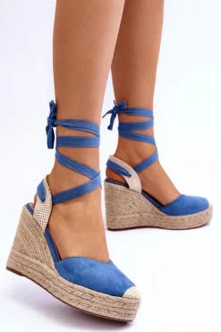 Wiązane Sandały Na Wysokim Koturnie Niebieskie Lendy
