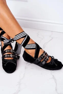 Wiązane Welurowe Baleriny Lu Boo Czarne