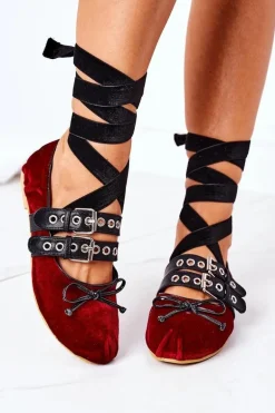 Wiązane Welurowe Baleriny Lu Boo Bordowe