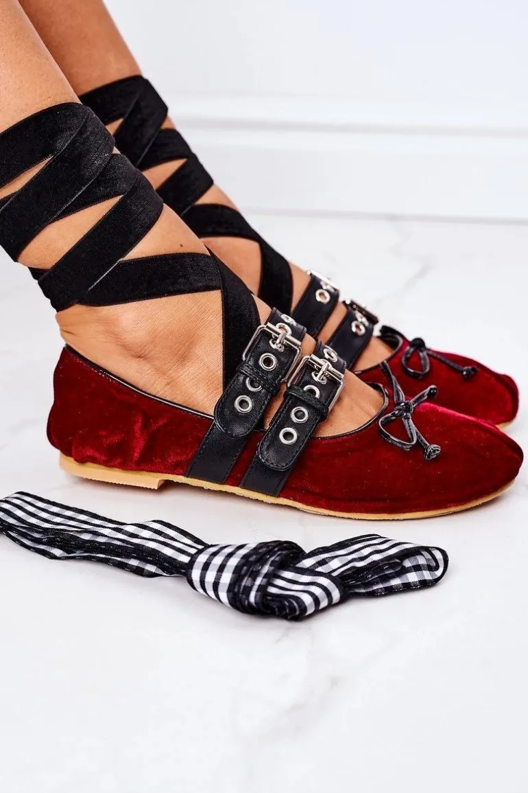 Wiązane Welurowe Baleriny Lu Boo Bordowe