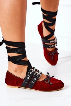 Wiązane Welurowe Baleriny Lu Boo Bordowe