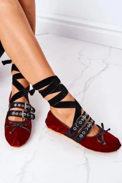 Wiązane Welurowe Baleriny Lu Boo Bordowe