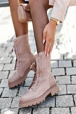 Wiązane Zamszowe Botki Damskie Beżowe Marirla