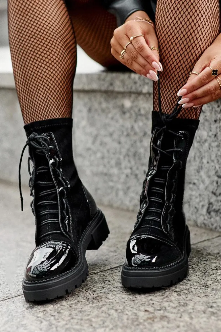 Wiązane Zamszowe Botki Damskie Czarne Marirla