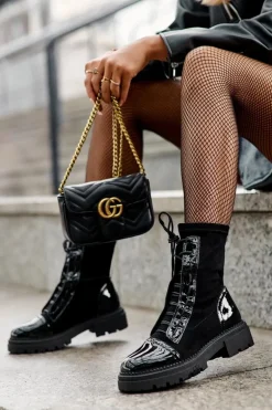 Wiązane Zamszowe Botki Damskie Czarne Marirla