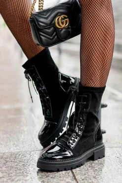 Wiązane Zamszowe Botki Damskie Czarne Marirla