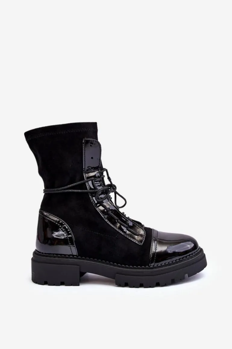 Wiązane Zamszowe Botki Damskie Czarne Marirla