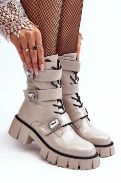 Workery Botki Damskie Lakierowane Jasnoszare S.Barski MR870-61