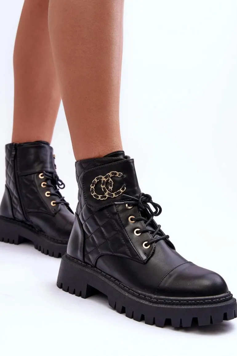 Workery Botki Damskie Z Ozdobą Czarne Toye