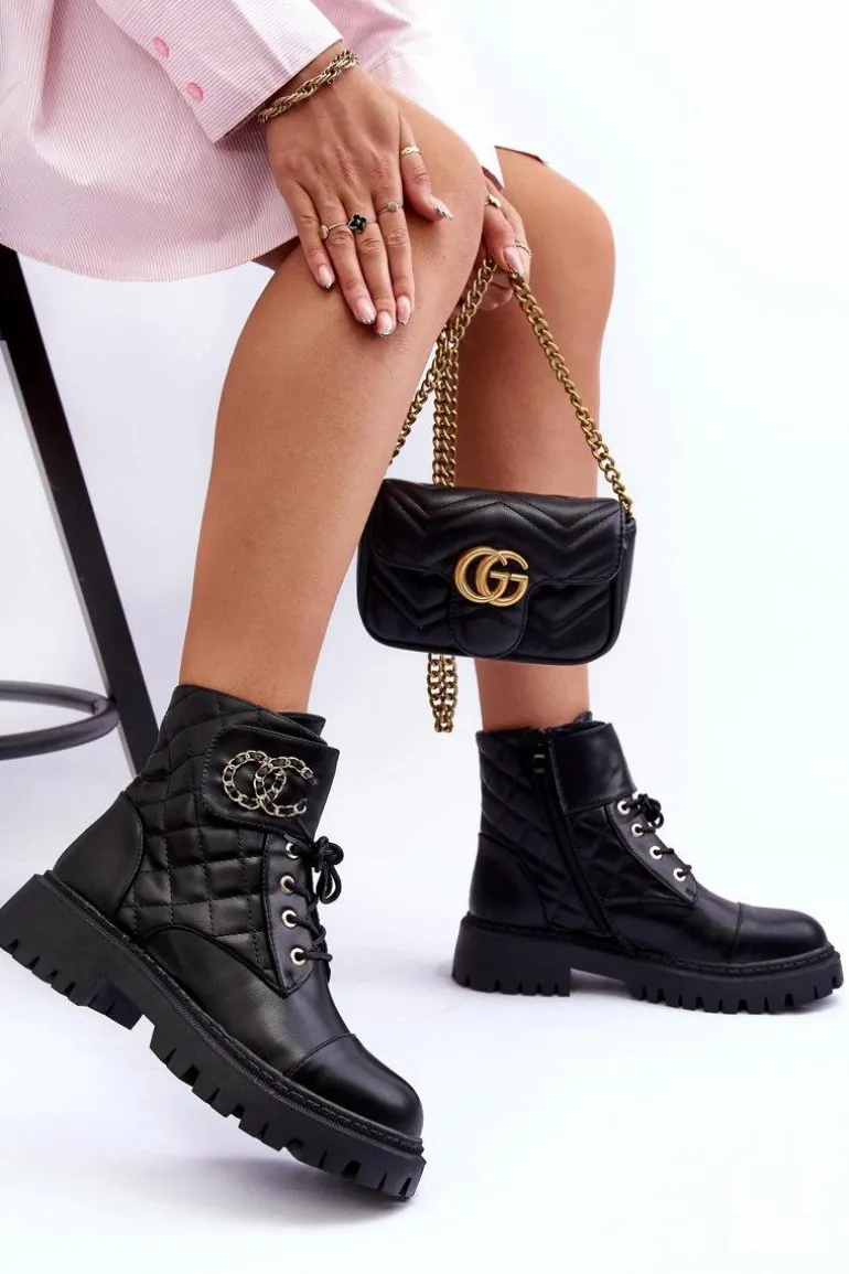 Workery Botki Damskie Z Ozdobą Czarne Toye