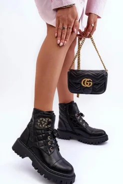 Workery Botki Damskie Z Ozdobą Czarne Toye