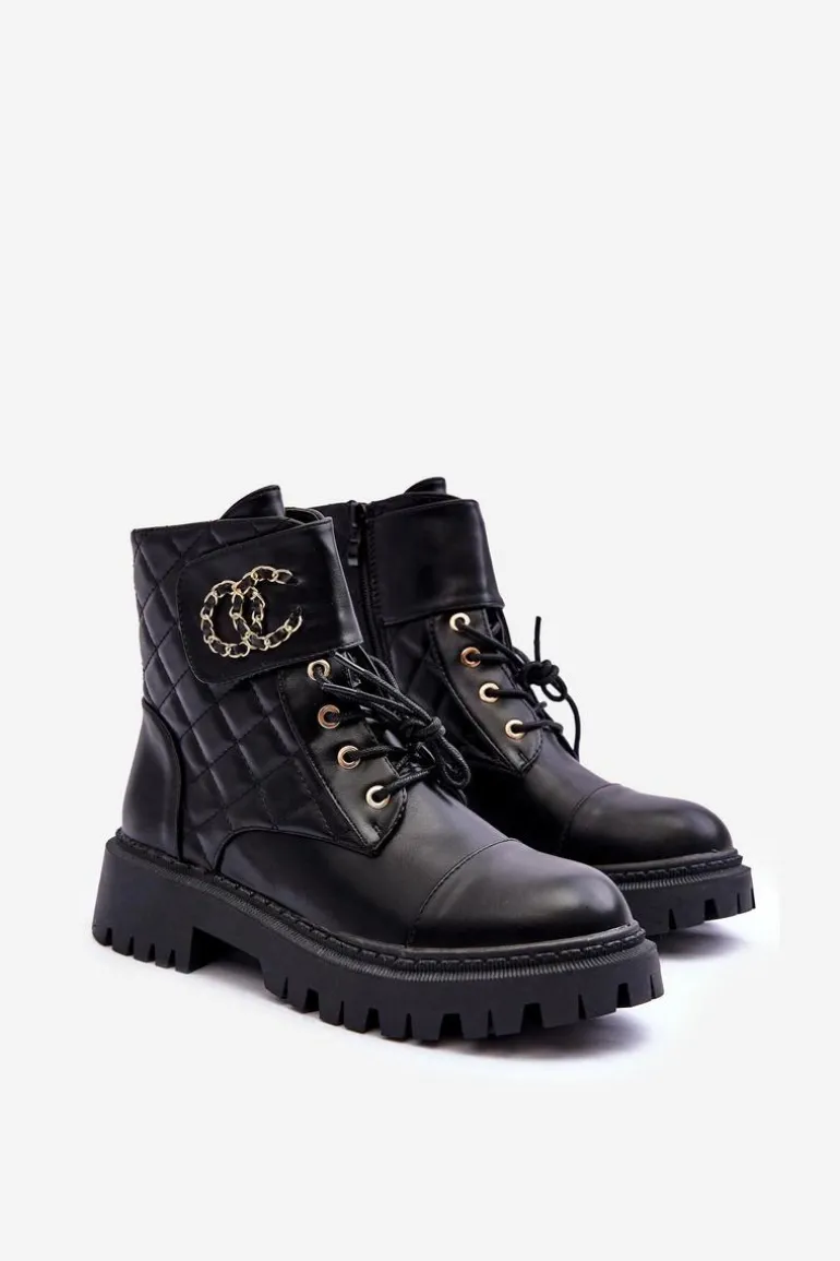 Workery Botki Damskie Z Ozdobą Czarne Toye