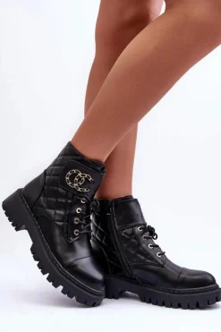 Workery Botki Damskie Z Ozdobą Czarne Toye