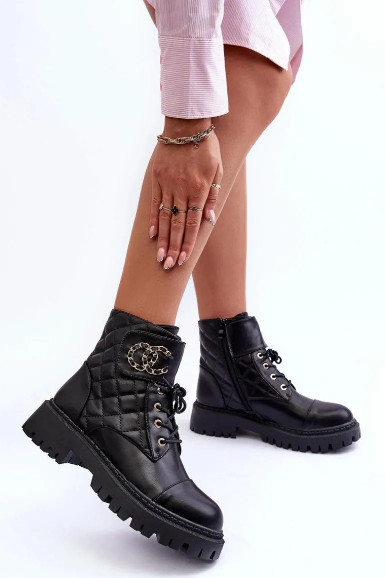 Workery Botki Damskie Z Ozdobą Czarne Toye