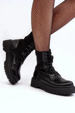 Workery Botki Damskie Ze Skarpetą Sznurowane Czarne Dedinva