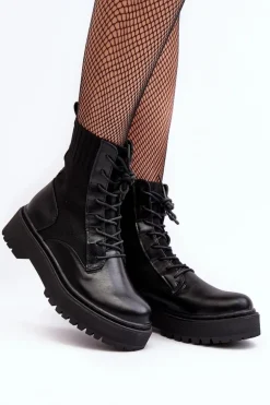 Workery Botki Damskie Ze Skarpetą Sznurowane Czarne Dedinva