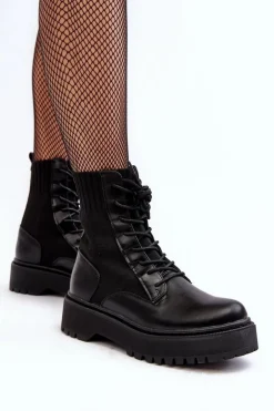 Workery Botki Damskie Ze Skarpetą Sznurowane Czarne Dedinva