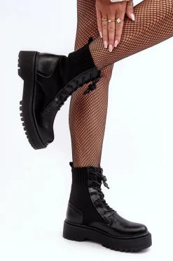 Workery Botki Damskie Ze Skarpetą Sznurowane Czarne Dedinva