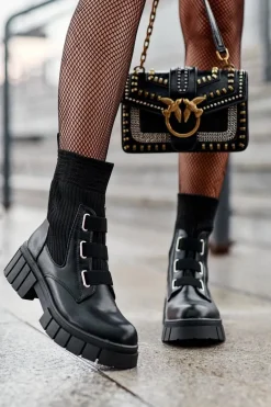 Workery Botki Na Płaskim Obcasie Ze Skarpetą Czarne Inogoi