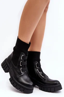 Workery Botki Na Płaskim Obcasie Ze Skarpetą Czarne Inogoi