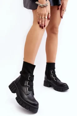 Workery Botki Na Płaskim Obcasie Ze Skarpetą Czarne Inogoi