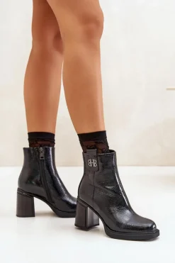 Wężowe Botki Damskie Na Słupku Skóra Naturalna Czarne Vinceza 66670