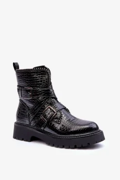 Wężowe Botki Damskie Z Paskami Czarne Leora