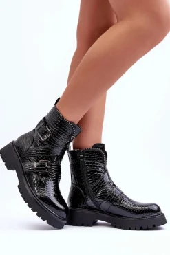 Wężowe Botki Damskie Z Paskami Czarne Leora