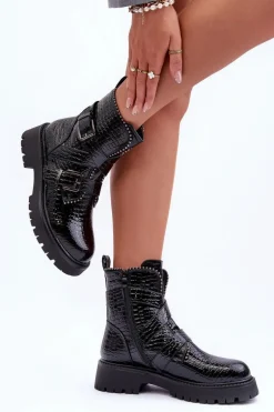 Wężowe Botki Damskie Z Paskami Czarne Leora