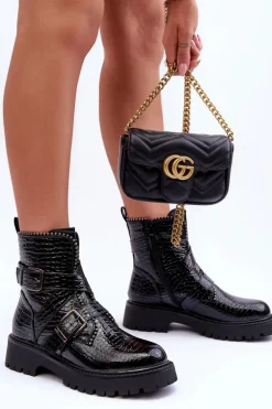 Wężowe Botki Damskie Z Paskami Czarne Leora