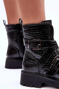Wężowe Botki Damskie Z Paskami Czarne Leora