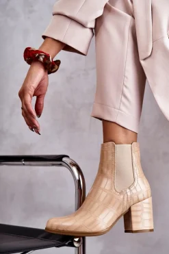 Wężowe Skórzane Botki La.Fi 260038BE-XC Beżowe