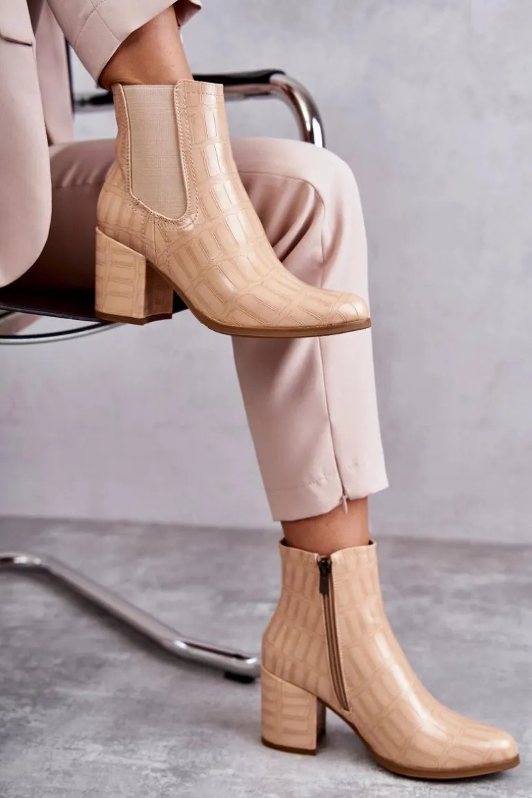 Wężowe Skórzane Botki La.Fi 260038BE-XC Beżowe