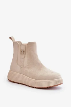 Wsuwane Botki Damskie Na Platformie Z Przypinką Eko Zamszowe Jasnobeżowe Ciatheia