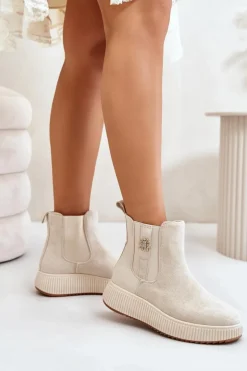 Wsuwane Botki Damskie Na Platformie Z Przypinką Eko Zamszowe Jasnobeżowe Ciatheia